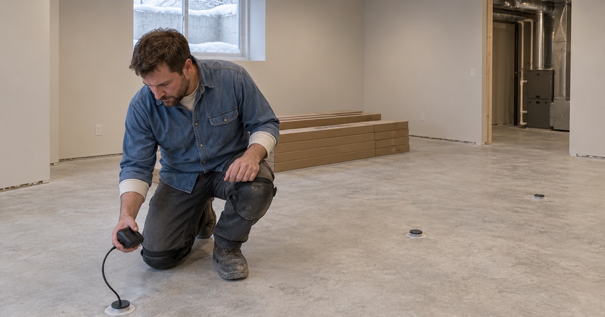 Worker reading a relative humidity probe set into a drilled hole in a Minnetonka basement slab, with engineered oak plank stacked flat nearby to acclimate.