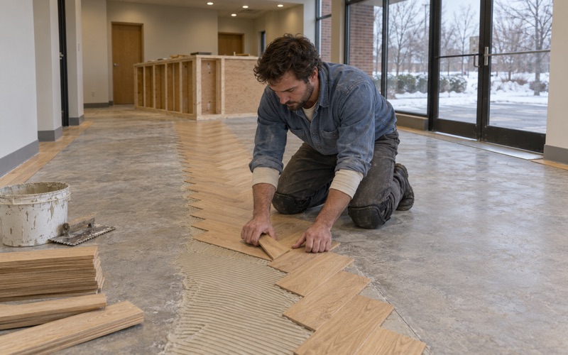 Worker setting a white oak herringbone block to a chalked centerline in the lobby of a Minnetonka office suite, a plain border framing the field.
