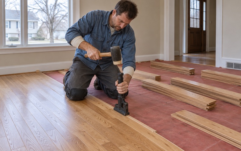 Worker striking a flooring nailer seated on the tongue edge of a red oak strip, installing a new floor over plywood in a Minnetonka two-story.