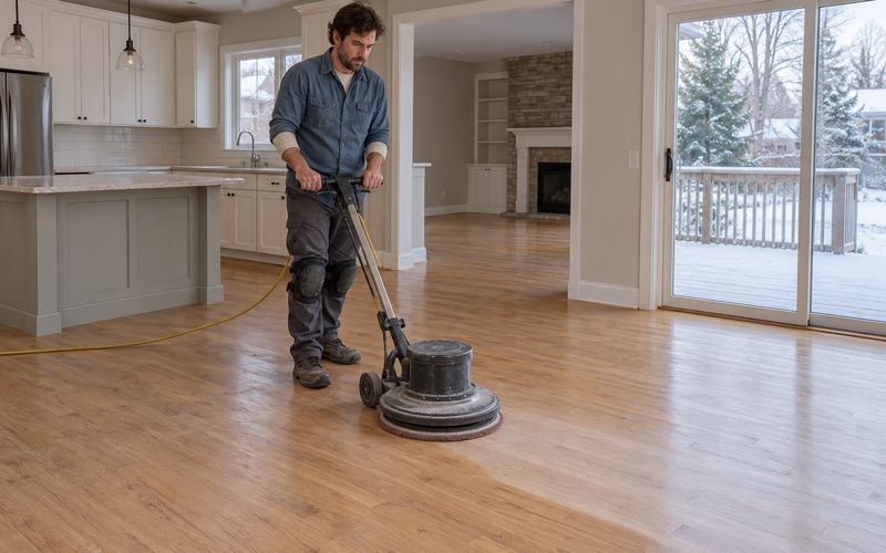 Worker guiding a floor buffer with an abrasive screen across a dull but intact oak finish, the step before a single fresh coat goes on.