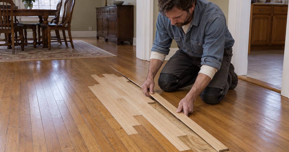 Worker tapping a new red oak strip tight into a laced repair, the replacement boards staggered into the old floor rather than cut as a square patch.