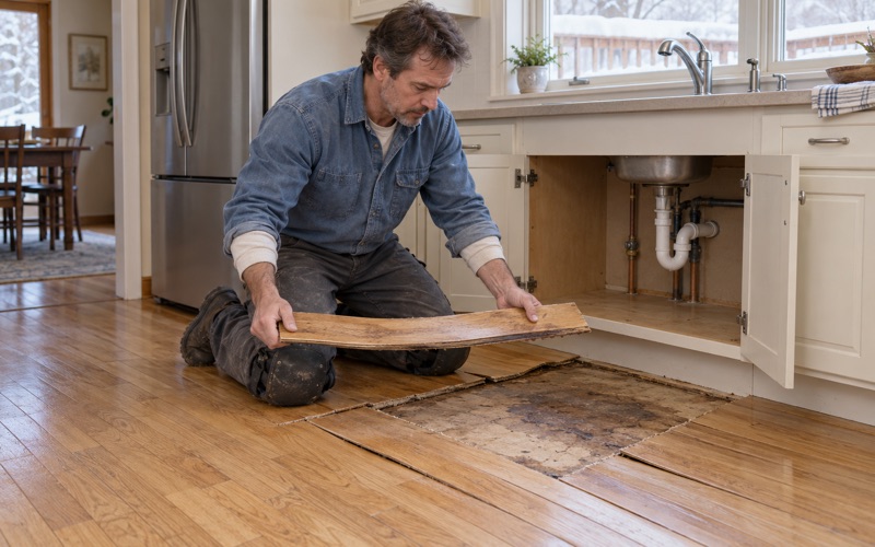 Worker lifting a cut length of cupped white oak away from the sink base after a frozen supply line, the darkened plywood subfloor showing beneath.
