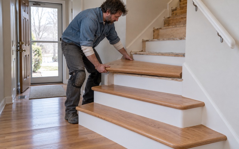 Worker setting a new oak tread with a rounded bullnose onto a carpet-stripped staircase in a Minnetonka split level, painted risers between.