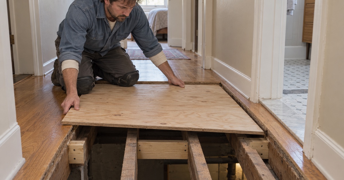 Worker lowering a new plywood subfloor panel onto exposed joists in a Minnetonka hallway, the oak strip floor cut back to sound wood on every side.