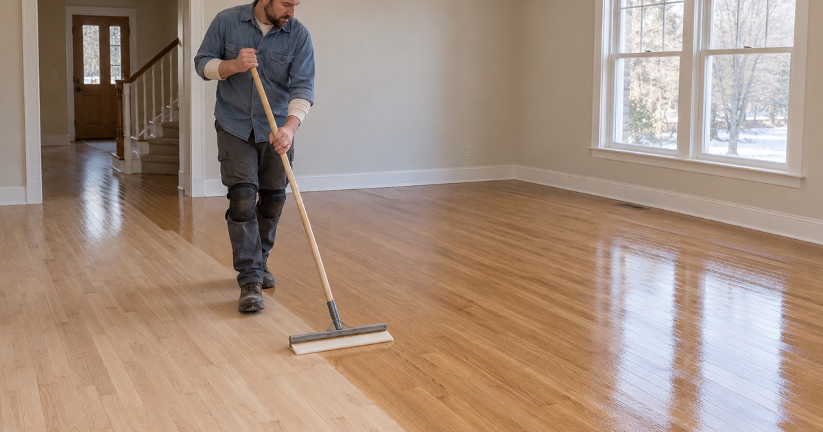 Worker walking backwards as he spreads waterborne finish across freshly sanded white oak, the coated half reading wet and darker than the raw half.