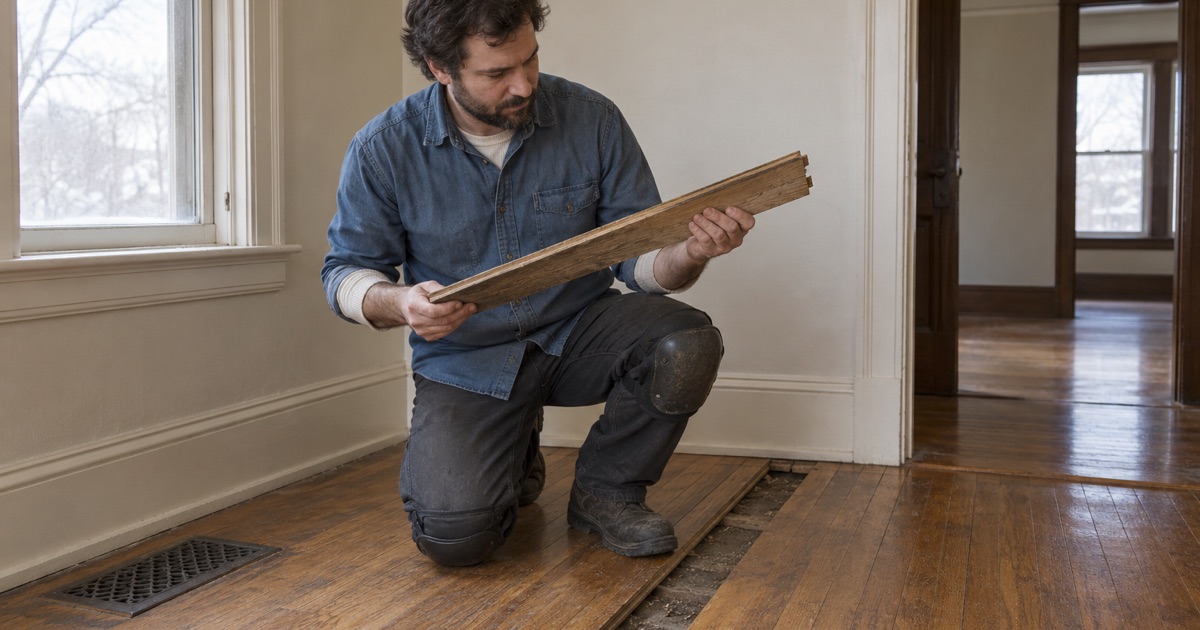 Worker dating an old Anoka floor from the back of one lifted strip, since the floor can be younger than the house.