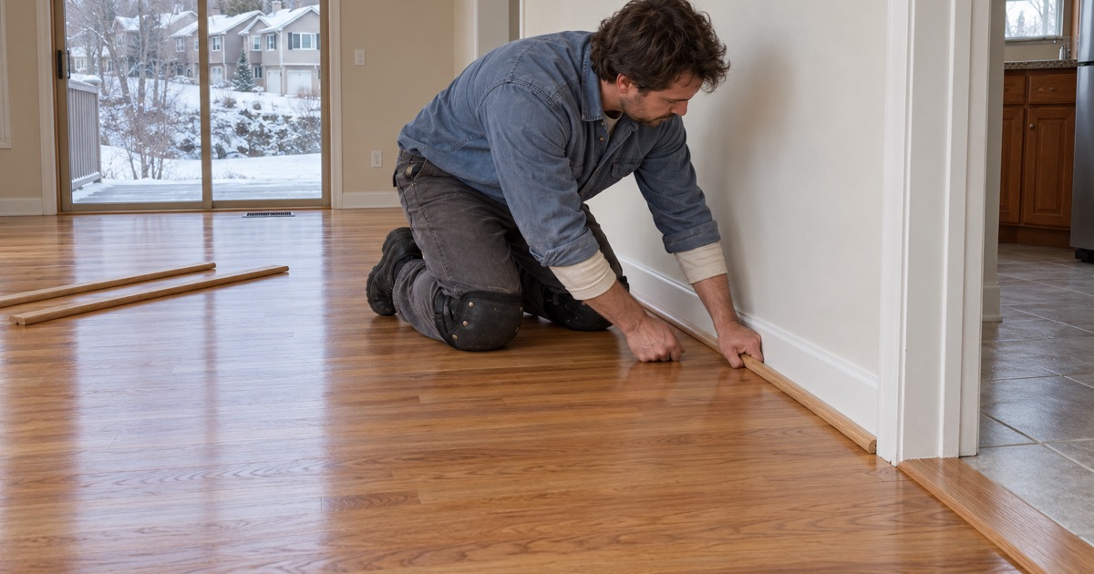 Worker pressing shoe molding into place along a finished oak floor in a Chanhassen twin home, one of the city’s planned attached developments.