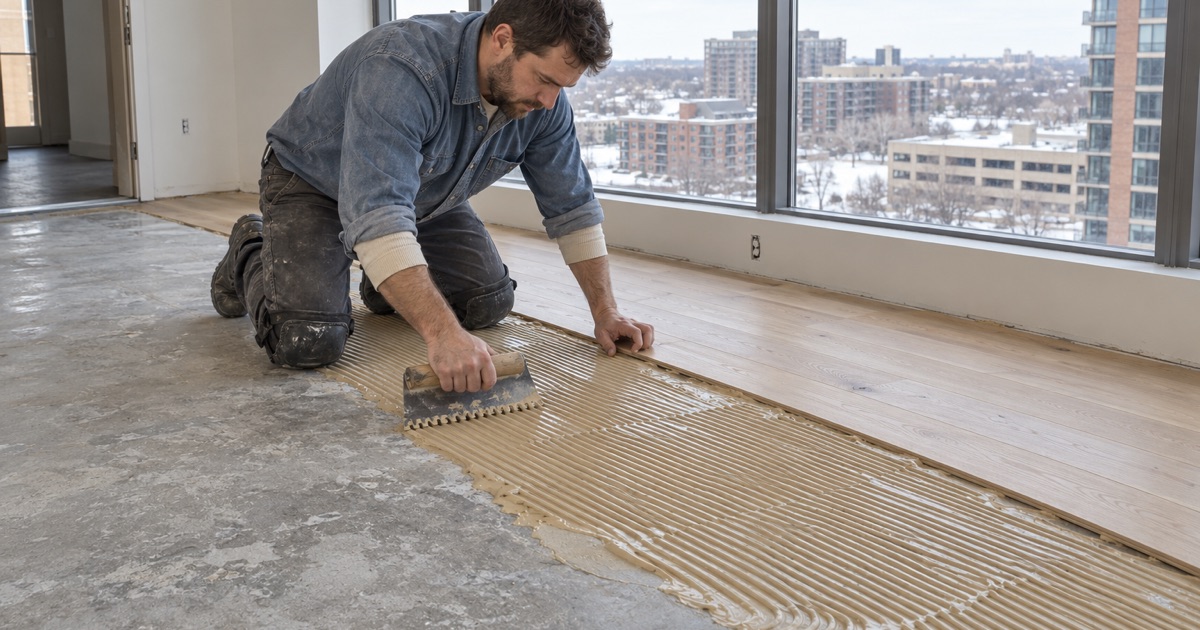 Worker troweling adhesive onto the concrete deck of a unit in a large Edina condominium building before an engineered floor is glued down.