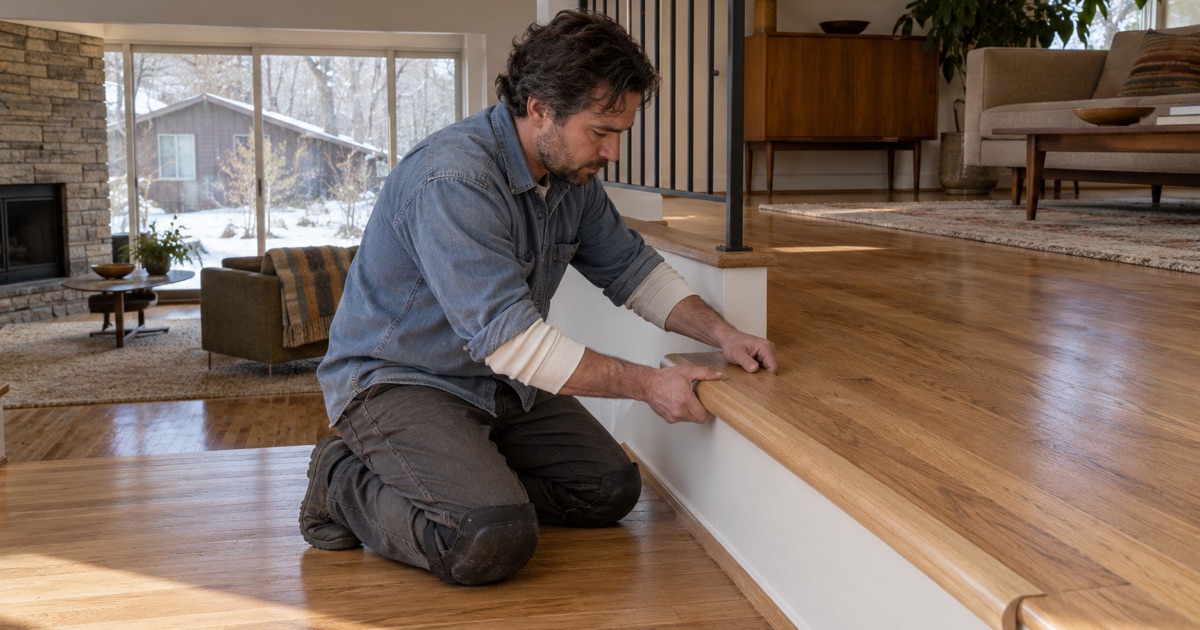 Worker fitting an oak nosing to the step between levels of a Golden Valley split level, one of the city’s architect-built mid-century houses.