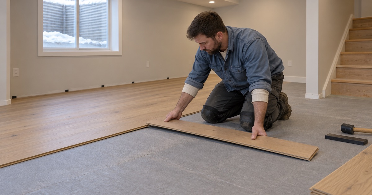 Worker laying a floating engineered floor in a permitted Ham Lake basement finish, the build-up kept low for the ceiling height rule.