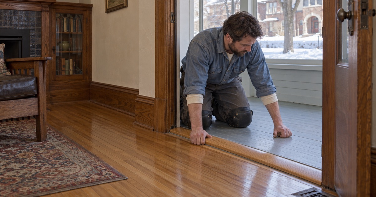 Worker refitting a loose oak threshold at the porch doorway of a prewar Minneapolis house, closing the tripping lip before the house goes to sale.