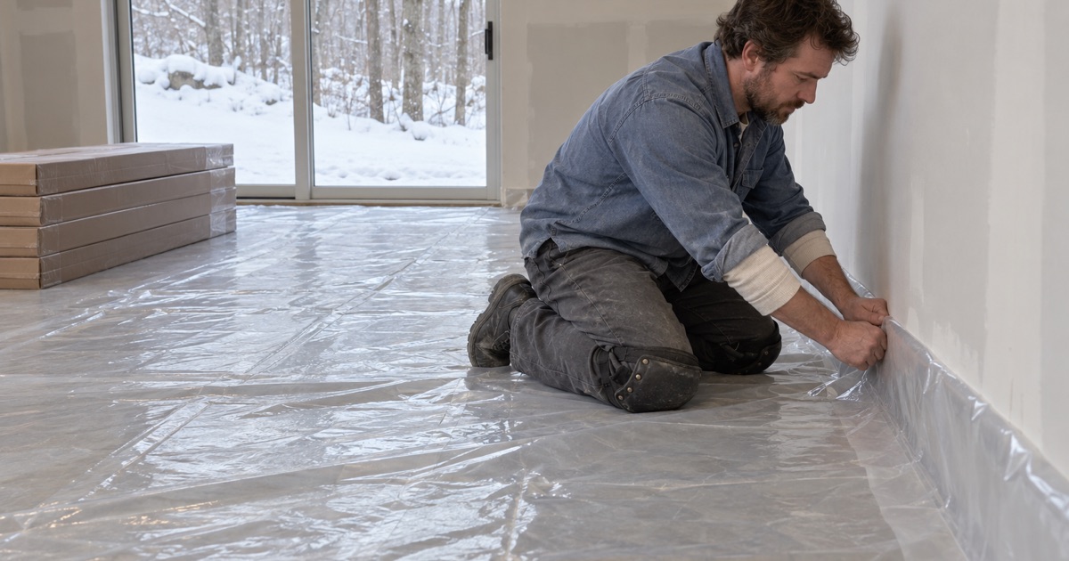 Worker taping a vapor retarder sheet up the wall of an Orono walkout lower level before an engineered floor goes down over the slab.