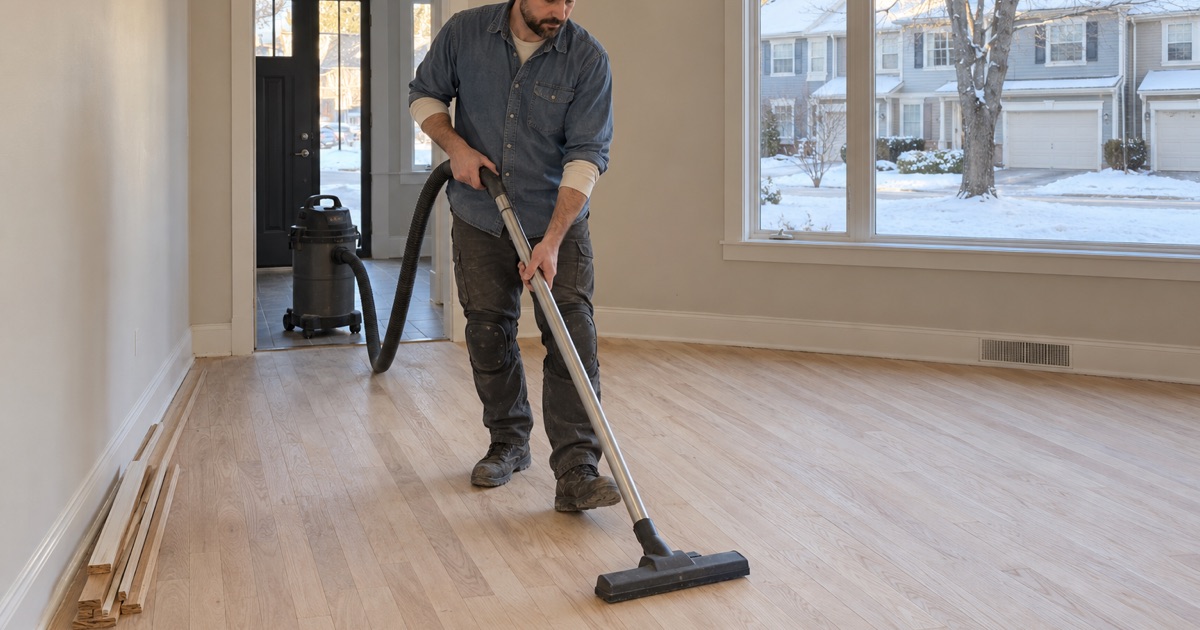 Worker vacuuming sanding dust from a Plymouth townhome floor between coats, the job paced across days around the city’s work hours.
