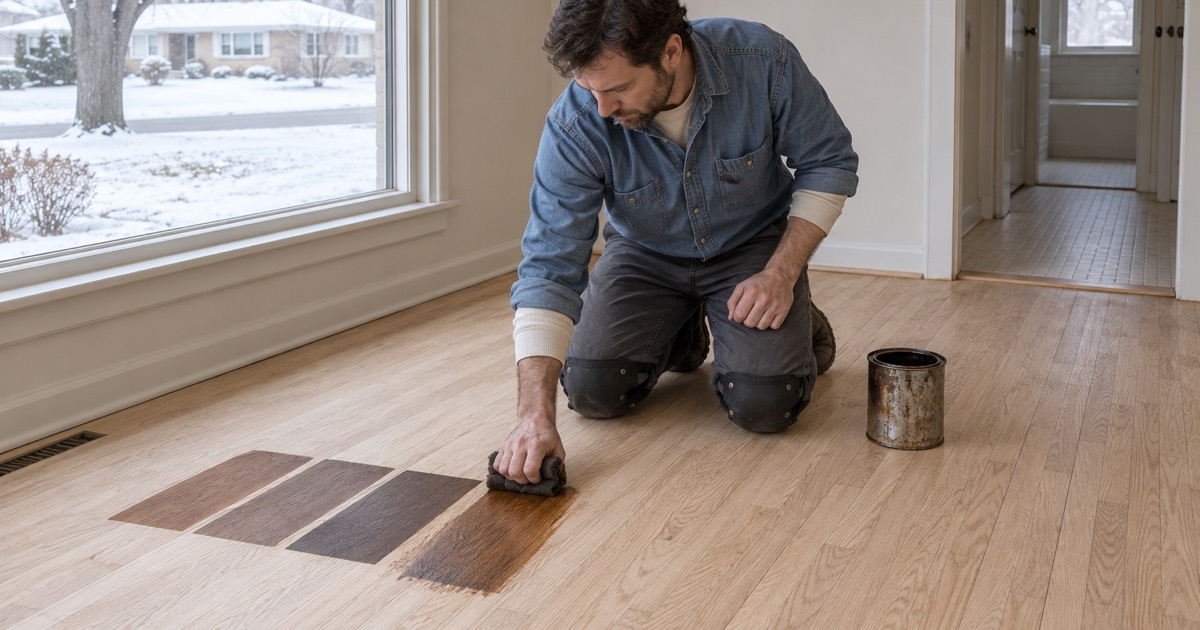 Worker trying stain samples on sanded oak in a Robbinsdale house from the postwar lake neighborhoods.