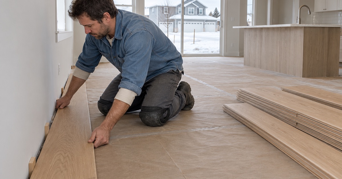 Worker setting the starter row of a wood floor in a new Rogers house, chosen before anyone moves in.