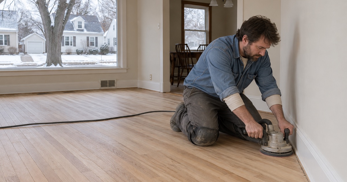 Worker running an edger along the wall of a 1950s St. Louis Park Cape, restoring the narrow oak strip floor that sat under carpet for decades.