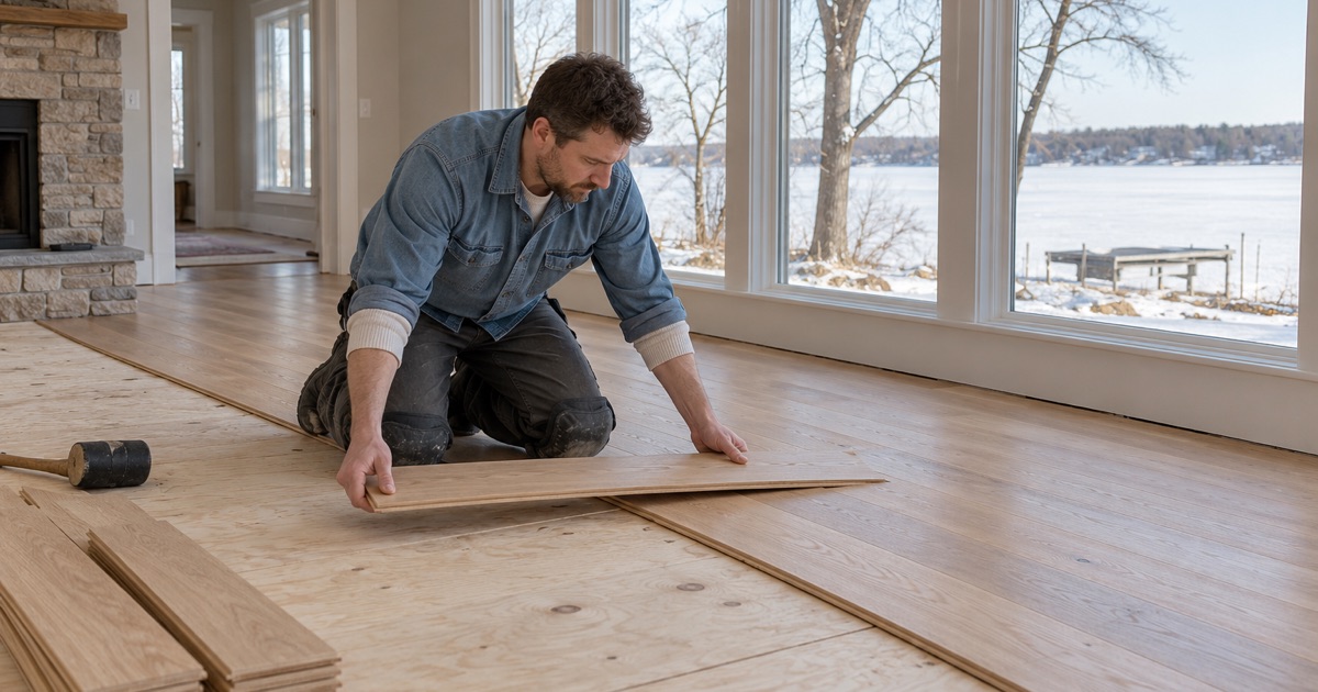 Worker laying a long white oak board in the lake-facing room of an older Wayzata house, Lake Minnetonka white with ice beyond the windows.